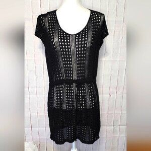 Black Crochet Swim Cover-Up Dress – Boho Mesh Beachwear – Size M